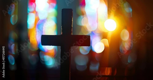 A soft silhouette of a cross in a church interior, embodying spirituality and prayer