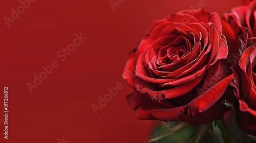 A tight shot of red roses against a deep red backdrop  featuring water droplets glistening on their velvety petals