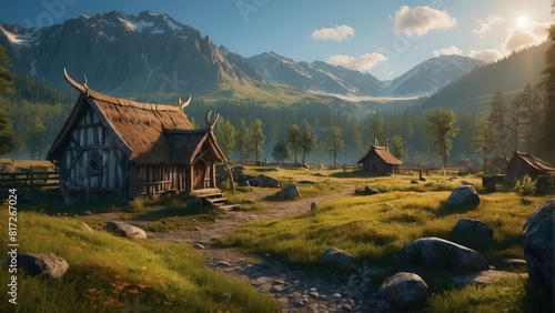 Ranger's hut between the mountains, game art photo