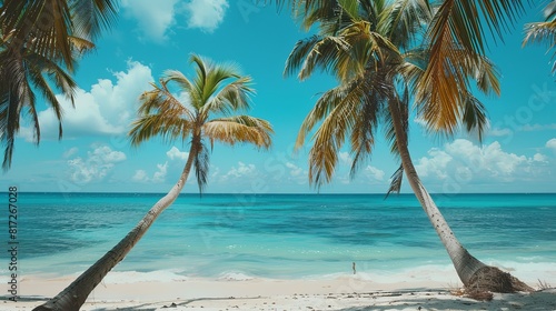 Two palm trees stand tall on a Caribbean beach with turquoise waters in the background. Generative AI