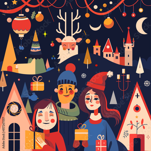 holiday card illustration of a wholesome scene at night