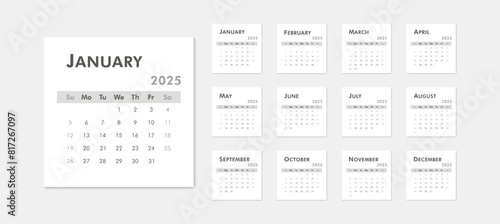 Monthly calendar template for 2025 year. Week starts on Sunday. Desk or wall calendar in minimal style