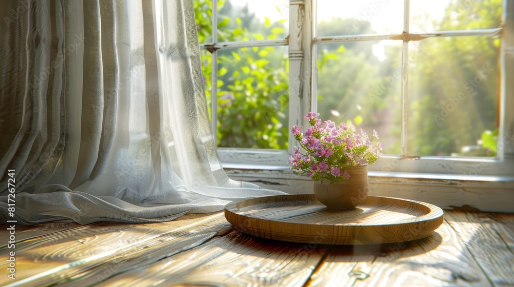A potted plant atop a wooden tray on a wooden floor, near a window A potted plant atop a wooden tray on a wooden floor, near a window
