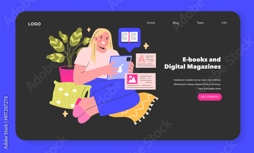 E-books and Digital Magazines concept A reader dives into the world of digital literature, surrounded by the comforts of home Embracing the future of reading Vector illustration