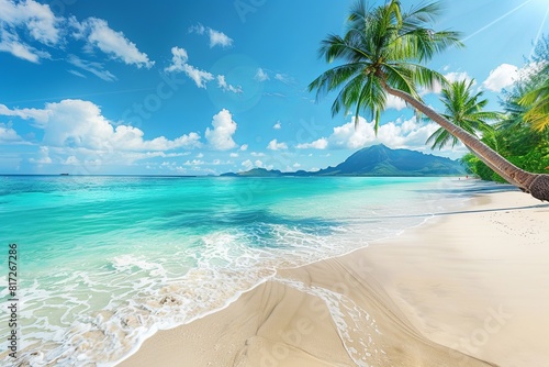 A tropical beach with white sand, palm trees, and crystal blue water under a clear sky. Generative AI