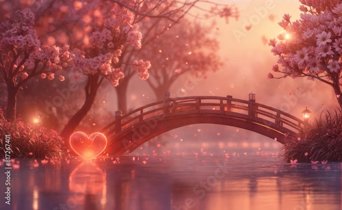 Evening landscape, a Japanese bridge over a river, surrounded by cherry blossoms. Bright neon heart in the foreground. Golden hour. Reflections on water. Miniature