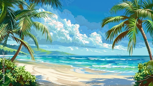 A painting featuring a tropical beach with lush palm trees and vibrant turquoise water under a clear sky. Generative AI