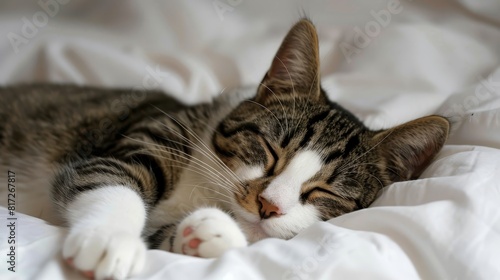  A tight shot of a feline on a bed, its head atop the pillow