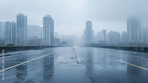 Rainy day scene featuring an empty wet asphalt road against a foggy city skyline background.