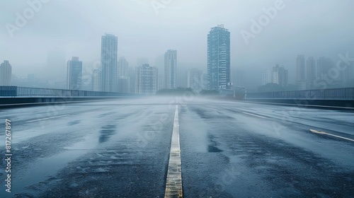 Rainy day scene featuring an empty wet asphalt road against a foggy city skyline background.