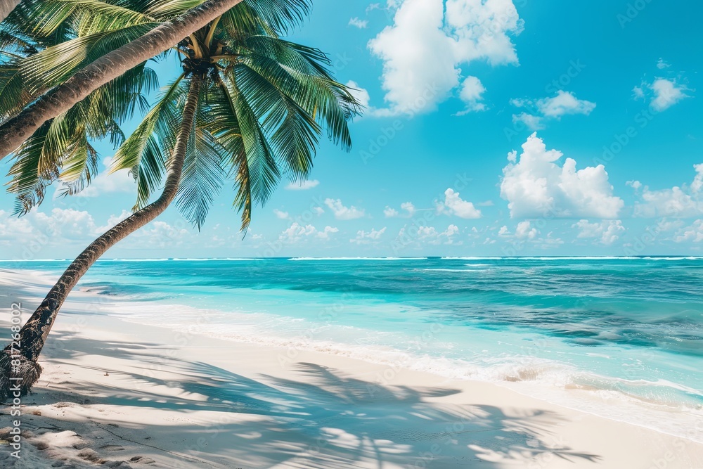 A tropical beach with white sand, swaying palm trees, and crystal-clear blue water. Generative AI