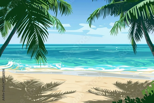 A tropical beach featuring palm trees and the ocean with turquoise water under a sunny sky. Generative AI