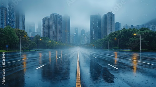 Rainy day scene featuring an empty wet asphalt road against a foggy city skyline background.