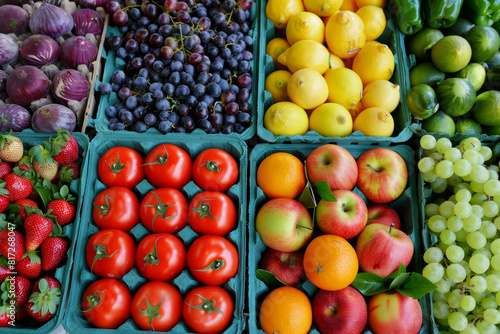 A variety of fruits and vegetables are displayed in a market