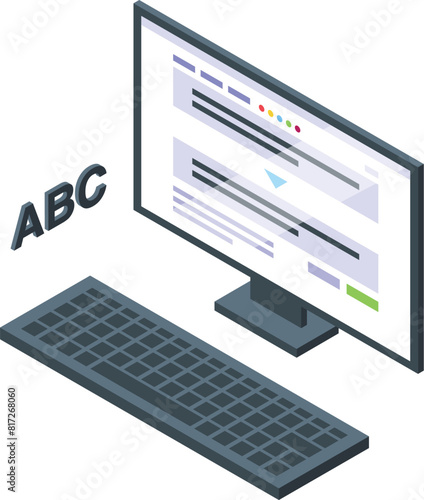 Modern isometric computer workspace vector illustration with minimalistic design and stylish technology equipment setup for productive work and professional programming experience from home
