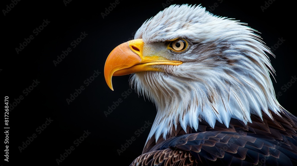 A bald eagle's head in tight focus against a black backdrop, framed by a white and yellow band A bald eagle's head in tight focus against a black backdrop, framed by a white and yellow band