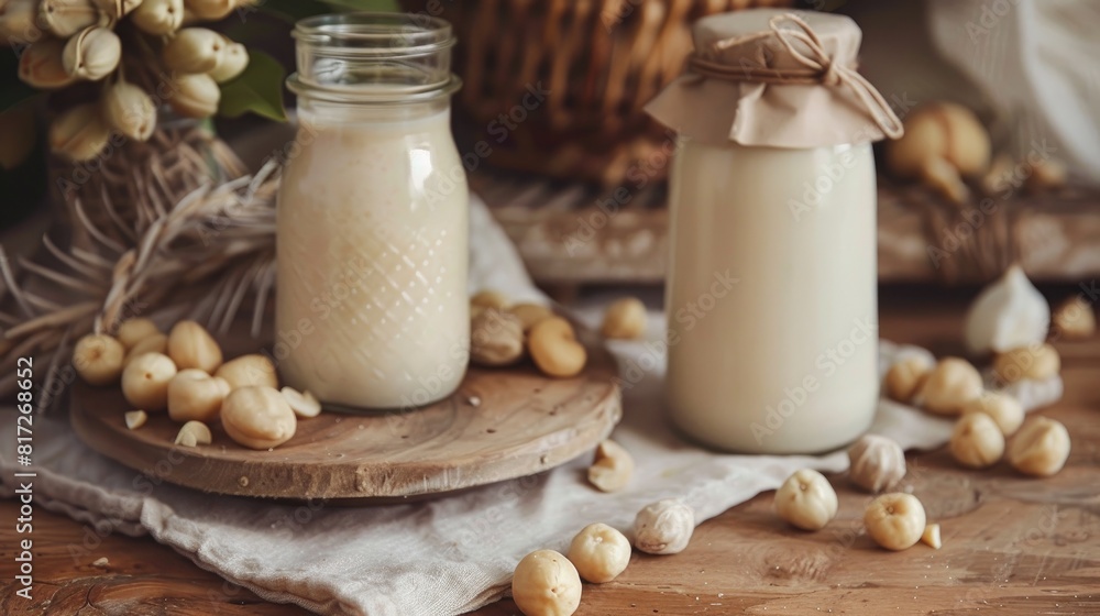 Capturing the essence of World Vegan Day we have a delightful image of creamy nut milk elegantly presented in a glass jar accompanied by rich macadamias This homemade dairy free alternative Capturing the essence of World Vegan Day we have a delightful image of creamy nut milk elegantly presented in a glass jar accompanied by rich macadamias This homemade dairy free alternative