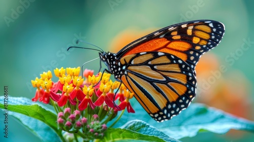  A tight shot of a butterfly atop a flower  surrounded by verdant green leaves and vibrant orange and yellow blooms in the foreground