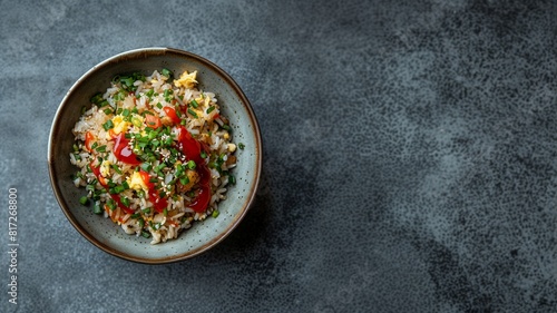 Top View of Spicy Asian Fried Rice in a Bowl on Table. Background with Empty Space for Text