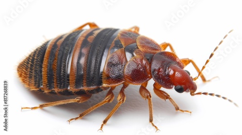  A tight shot of a bed bug against a white background with a black vertical stripe behind it