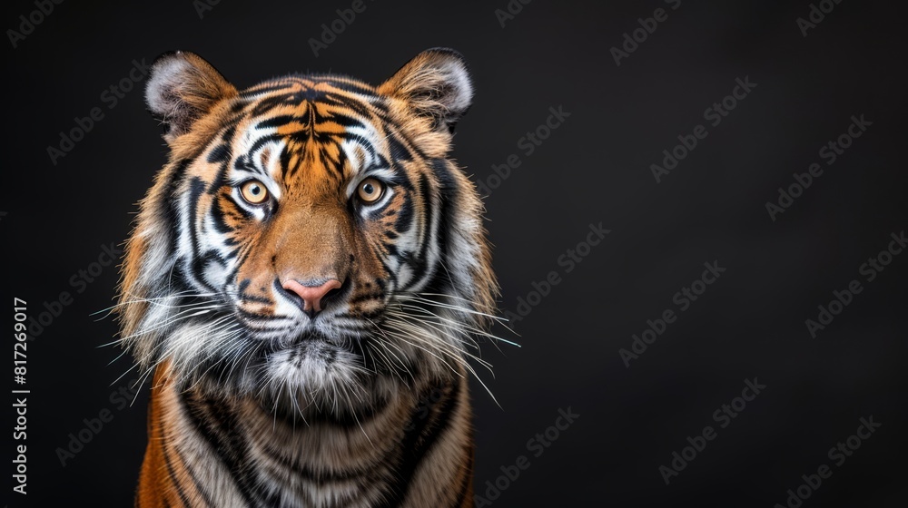  A tight shot of a tiger's intense face against a black backdrop, gazing straight into the camera