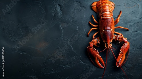  Close-up of cooked lobster against black backdrop, featuring a red string affixed to its front photo