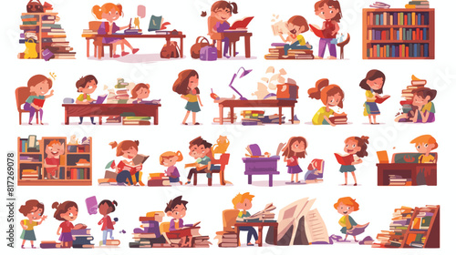 Set of different scenes with children in library fl