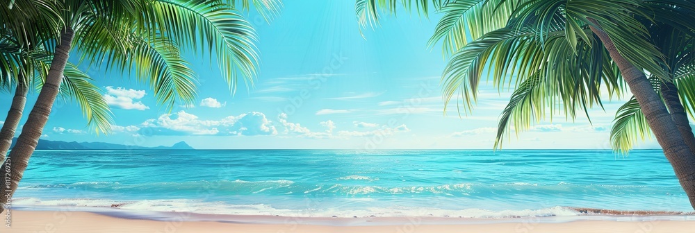 A tropical beach with lush palm trees and the sparkling blue ocean under a clear sky. Generative AI A tropical beach with lush palm trees and the sparkling blue ocean under a clear sky. Generative AI
