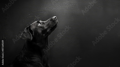  A black-and-white image of a dog looking up with its head raised and mouth agape