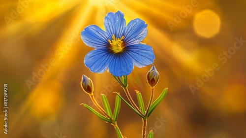  A blue flower atop a verdant plant Yellow and brown backdrop Sun radiating behind © Jevjenijs
