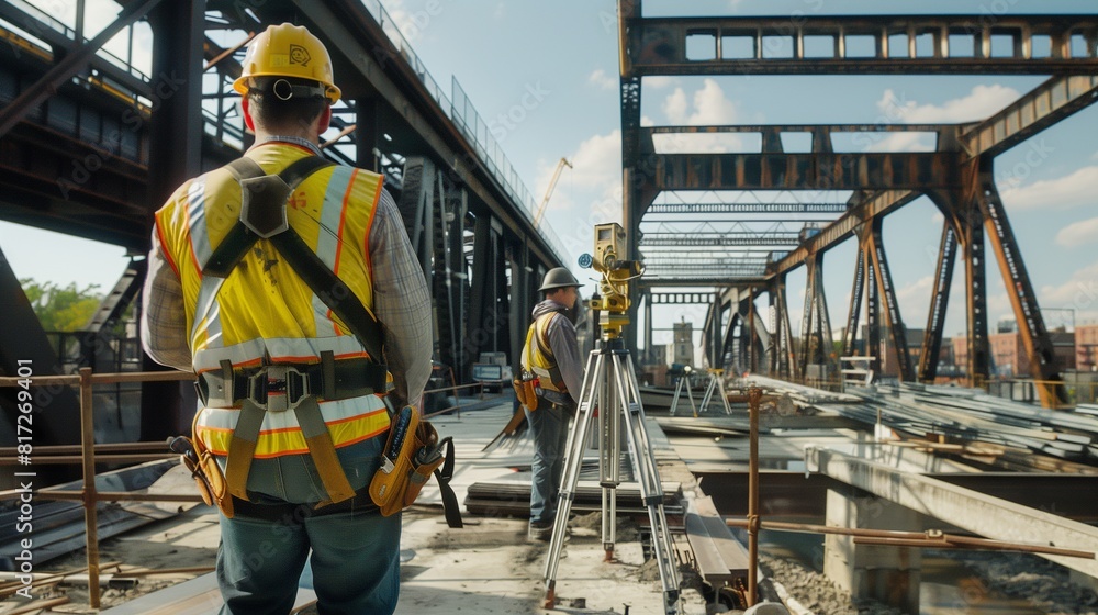 Naklejka premium A team of engineers testing the structural integrity of a newly fabricated steel bridge using advanced measurement tools.