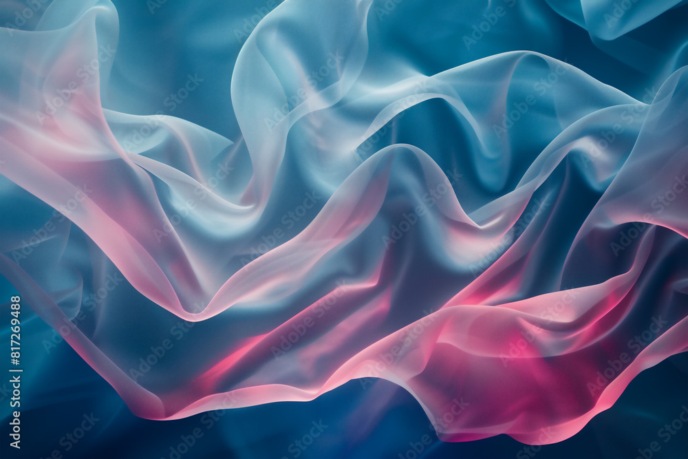 Obraz premium Abstract silky fabric background, blue and pink coloured elegant horizontal backdrop, soft folds, luxury design, generative ai