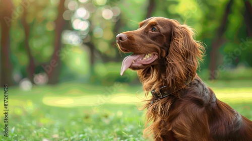  A tight shot of a dog in a lush grassy field, surrounded by trees in the background and short grass at the forefront