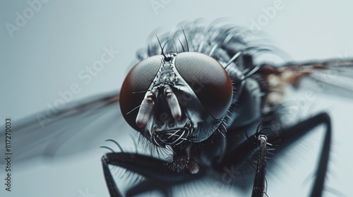  A fly up close against a white and blue backdrop, its wings softly blurred © Jevjenijs