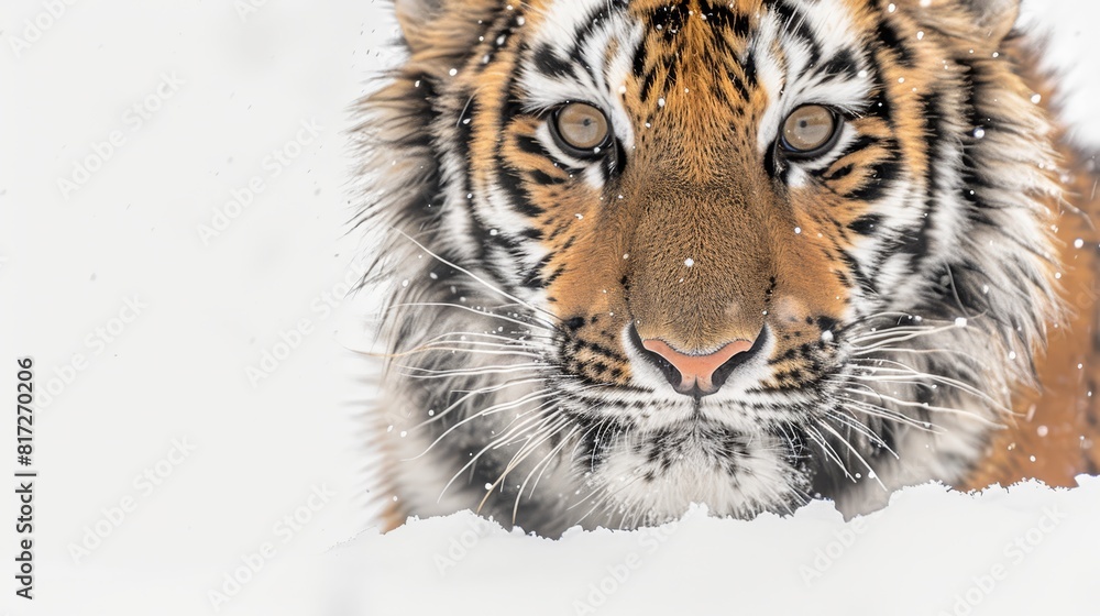 A tight shot of a tiger's intense face, snow covering the ground in the foreground, background blanketed with more snow A tight shot of a tiger's intense face, snow covering the ground in the foreground, background blanketed with more snow