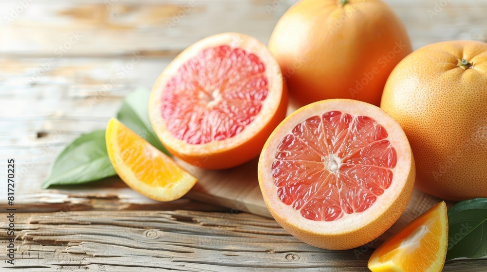 A group of grapefruits atop a cutting board, adjacent to sliced grapefruit A group of grapefruits atop a cutting board, adjacent to sliced grapefruit