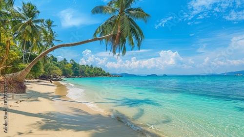 A beautiful tropical beach with lush palm trees and crystal-clear turquoise water under a clear blue sky. Generative AI