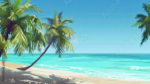 A vibrant painting showcasing a tropical beach scene with swaying palm trees against a backdrop of turquoise waters. Generative AI