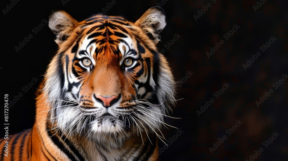  A tight shot of a tiger's face against a black backdrop, overlaid with a softly blurred tiger head image