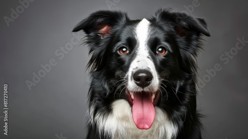  A tight shot of a black-and-white dog with its tongue extended and hanging loose