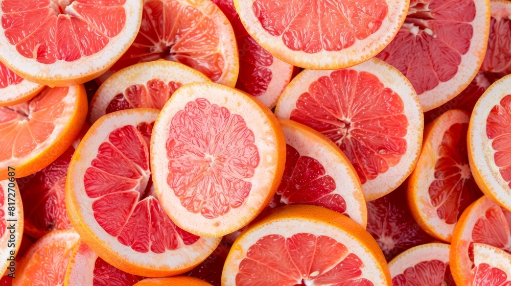 A stack of sliced grapefruits atop two aligned piles of whole grapefruits A stack of sliced grapefruits atop two aligned piles of whole grapefruits