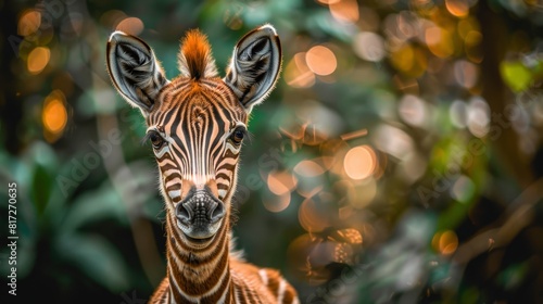  A tight shot of a zebra s face against a softly blurred backdrop of trees and bushes