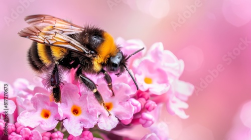  A tight shot of a bee on a pink-and-white blossom Foreground features clear pink and white flowers  background softly blurred © Jevjenijs