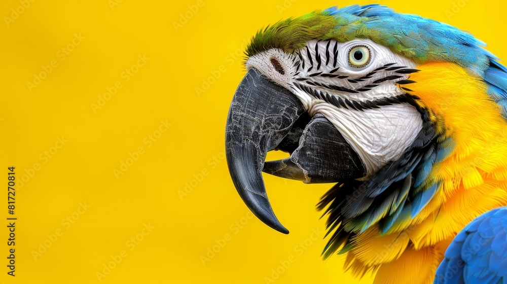  A tight shot of a blue-yellow parrot against a yellow background, featuring a nearby yellow wall