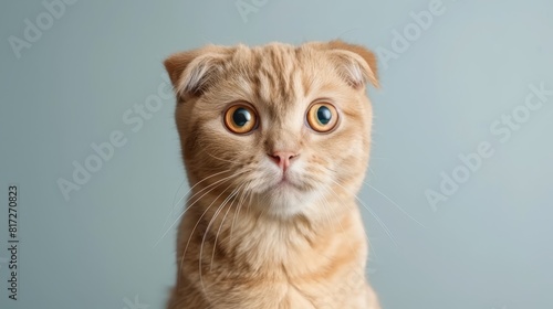  A cat's shocked expression up-close, set against a backdrop of a blue background