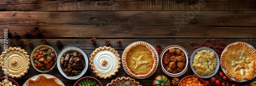 A bountiful Thanksgiving feast showcases various traditional dishes spread on a long wooden table photo