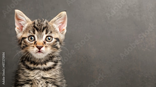  A tight shot of a small kitten expressing shock, against a backdrop of a black wall