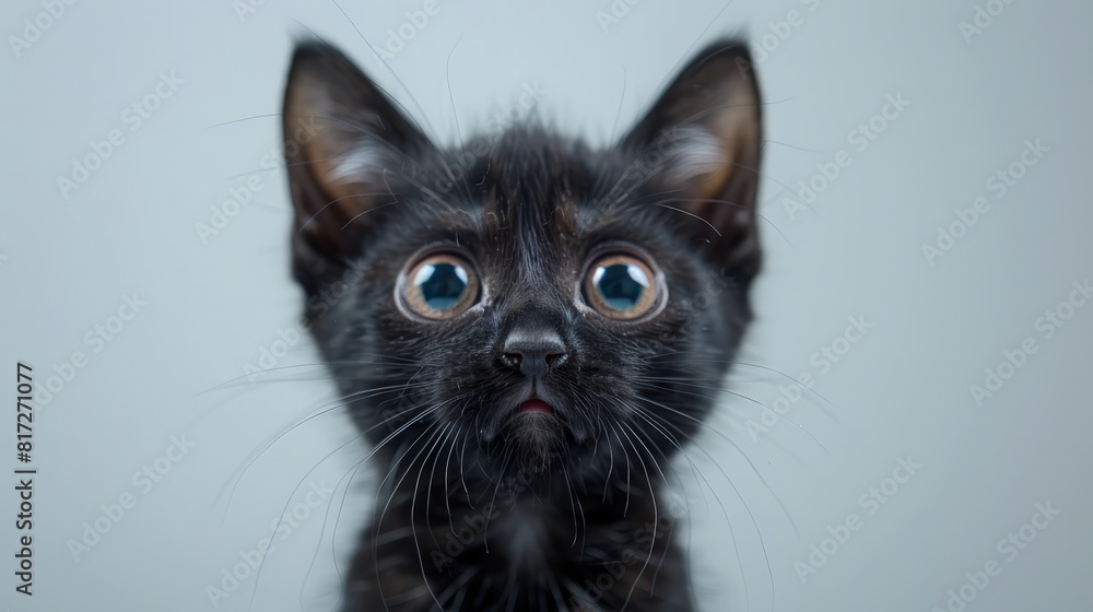 A tight shot of a black cat with an expressive, surprised expression, gazing directly into the camera A tight shot of a black cat with an expressive, surprised expression, gazing directly into the camera