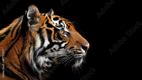  Close-up of a tiger s head against a black backdrop  showing only its face