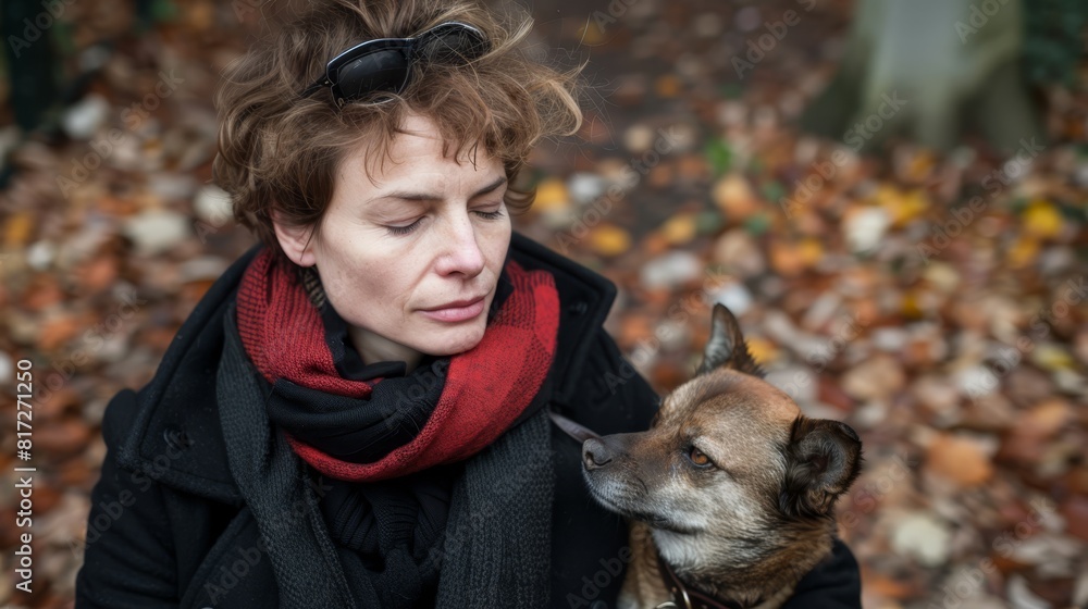 A woman sits on a bench, her pet dog resting comfortably in her lap She gazes down at the ground, surrounded by fallen autumn leaves A woman sits on a bench, her pet dog resting comfortably in her lap She gazes down at the ground, surrounded by fallen autumn leaves